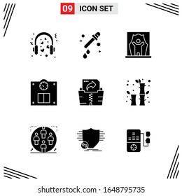 9 Icons Solid Style. Grid Based Creative Glyph Symbols for Website Design. Simple Solid Icon Signs Isolated on White Background. 9 Icon Set.