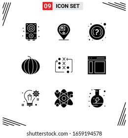 9 Icons Solid Style. Grid Based Creative Glyph Symbols for Website Design. Simple Solid Icon Signs Isolated on White Background. 9 Icon Set.