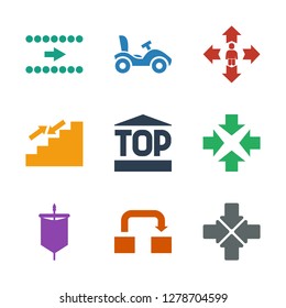 9 icons. Trendy move icons white background. Included filled icons such as object move, sail, top of cargo box, stairs, man move, bike, arrow. move icon for web and mobile.