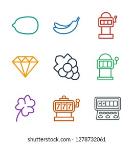 9 icons. Trendy slot icons white background. Included outline icons such as Slot machine, Clover, Grape, Diamond, slot machine, Banana, Lemon. slot icon for web and mobile.