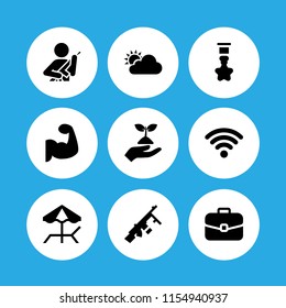 9 icons in vector set. wifi signal, reward, forecast and gun illustration for web and graphic design