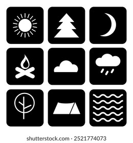 9 icons for the web with the theme of relaxation in nature, camping, weather, ecology