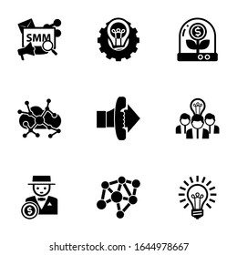 9 idea filled icons set isolated on white background. Icons set with Social Media Marketing, Creative process, Business incubator, Asynchronous Learning, Call To Action icons.