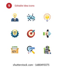 9 idea flat icons set isolated on . Icons set with creativity, Asynchronous Learning, Brain bulb, Creative process, goal, Call To Action, Game-based Learning, Social Marketing icons.