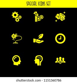 9 idea icons in vector set. clock, neuron, gear and problem illustration for web and graphic design