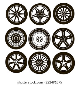 9 images black car wheels on a white background