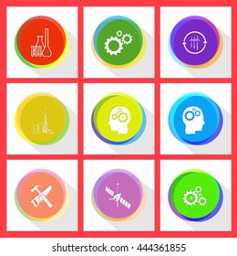 9 images: chemical test tubes, gears, wind turbine, thermal power engineering, human brain, hand saw and hammer, spaceship. Tehnology set. Internet template. Vector icons.