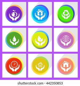 9 imágenes: reloj en las manos, sangre de protección, manzana, hogar, vida, economía, mundo de protección, naturaleza de protección. En las manos. Plantilla de Internet. Iconos vectores.