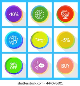 9 imágenes: globo y auricular, y reloj, y engranajes, -10%, -5%, avión, compra, soporte, 50% OFF. Conjunto de negocios. Plantilla de Internet. Iconos vectores.