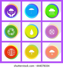 9 images: globe, recycle symbol, weather in hands, thunderstorm, drop, umbrella, snowfall, snowflake, rain. Weather set. Internet template. Vector icons.
