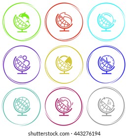 9 images: globe and shamoo, and arrow, and loupe, and gears, and lock, and clock, and handset, and recycling symbol. School globe set. Internet button. Vector icons.