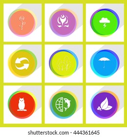 9 images: owl, globe and shamoo, leaf with berries, recycle symbol, trees, umbrella, flower, rose, thunderstorm. Nature set. Internet template. Vector icons.