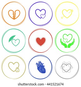 9 images: protection love, unrequited, careful heart, arrow, in hands, closed, atomic. Heart shape set. Internet button. Vector icons.