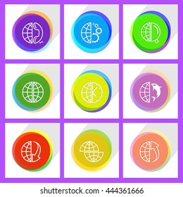 9 images: shift globe, and array down, and up,  and phone,  and clock, and gears,  and shamoo, and magnifying glass. Globe set. Internet template. Vector icons.