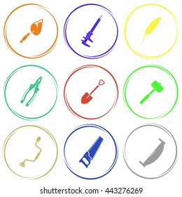 9 images: trowel, caliper, feather, pliers, spade, mallet, hand drill, saw, two-handled saw. Angularly set. Internet button. Vector icons.