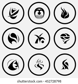 9 images of unique abstract forms. Black and white set vector icons.