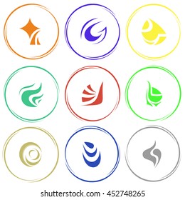 9 Bilder von einzigartigen abstrakten Formularen. Internet-Vorlagen. Vektorsymbole gesetzt.
