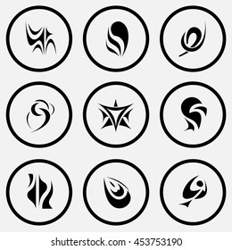 9 images of unique abstract forms. Black and white set vector icons.