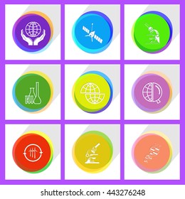 9 images: wind turbine, chemical test tubes, protection world, lab microscope, shift globe, spaceship, dna, globe and magnifying glass. Science set. Internet template. Vector icons.