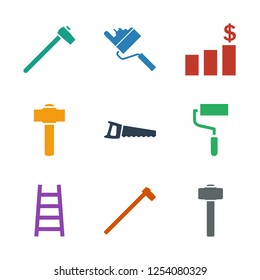 9 improvement icons. Trendy improvement icons white background. Included filled icons such as garden hammer, ladder, roller, saw, money chart. improvement icon for web and mobile.