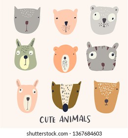 9  individual hand drawn abstract animals for kids design, announcement, stationery, wall art vector illustration