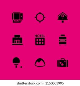 9 indoor icons in vector set. logo, furniture and household, gps and rooms illustration for web and graphic design