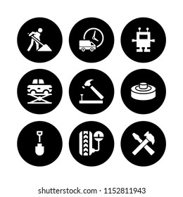 9 industrial icons in vector set. truck, construction and tools, robot and hammer illustration for web and graphic design