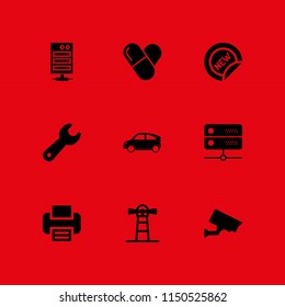 9 industry icons in vector set. transport, drug, cctv and wrench illustration for web and graphic design
