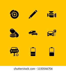 9 industry icons in vector set. parked car, brake, van and battery illustration for web and graphic design