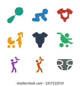 9 infant icons. Trendy infant icons white background. Included filled icons such as diaper, father with baby, baby carriage, baby onesie, woman with carriage. infant icon for web and mobile.