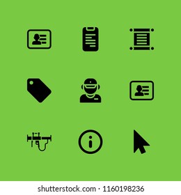 9 info icons in vector set. information circular button symbol, clothes label, business card of a man with contact info and cursor illustration for web and graphic design