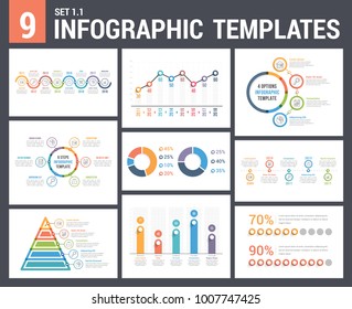 9 infographic templates, set 1, colors 1 - timelines, bar and line charts, pyramid, pie chart, percents, steps/options, circle diagram, vector eps10 illustration