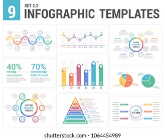 9 infographic templates, set 2, colors 2 - timeline, bar and line charts, pyramid, pie chart, percents, steps/options, circle diagram, vector eps10 illustration