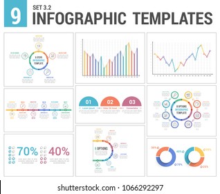 9 infographic templates, set 3, colors 2 - timeline, bar and line charts, pie chart, percents, steps/options, circle diagram, vector eps10 illustration