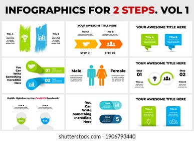 9 Infographics for 2 steps, options. Presentation slide template. Male and female. Public opinion on the Covid-19 pandemic. 3D elements, arrows and brush strokes. People in face mask.