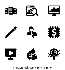 9 iconos rellenos de información establecidos aislados en fondo blanco. Iconos con Big data, Web Analytics, SEO monitoring, Pen, social media specialis, Blended Learning, video Presentation iconos.