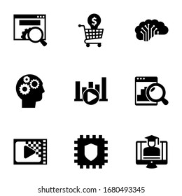 9 information filled icons set isolated on white background. Icons set with website optimization, Online Training, AI Architecture, Cognitive Science, Bitrate, Web analytics icons.