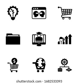 9 information filled icons set isolated on white background. Icons set with Marketing solutions, Information Architecture, Distance Exam, Folder, eCommerce Strategy, Business opportunity icons.