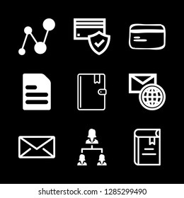 9 information icons with line chart and international commercial communication in this set