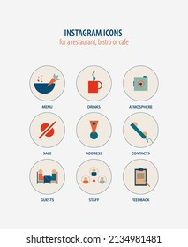 9 Instagram icons for a restaurant, bistro or cafe. The icons are made of simple shapes in retro colors. These icons create a pleasant atmosphere and attract attention.