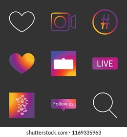 9 Instagram Simple Transparent Vector Icon Pack, Set Of Black Icons Such As Search, Follow Us, Instagram Hearts, Live, User Interface, Heart, Hashtag, Video, Heart