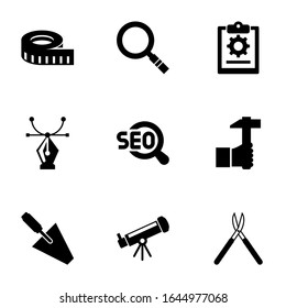 9 iconos rellenos de instrumentos aislados en fondo blanco. Iconos con íconos de medida, amplificador, proyecto, vector, SEO, artesanía, trowel, astronomía, tijeras de jardín.