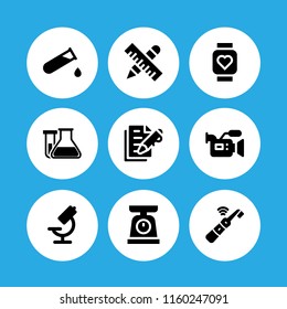 9 instrument icons in vector set. scale, pen, ruler and pulsometer illustration for web and graphic design