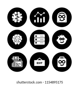 9 intelligence icons in vector set. server, logout, nerd and brain illustration for web and graphic design