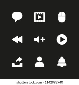 9 interface icon set with chat, user and rewind vector illustration for graphic design and web