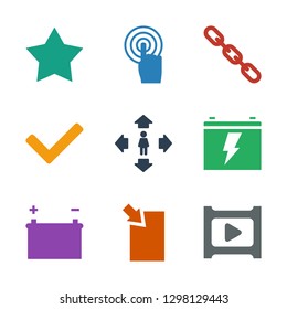 9 interface icons. Trendy interface icons white background. Included filled icons such as play, download document, battery, man move, tick. interface icon for web and mobile.