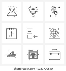 9 Interface Line Icon Set of modern symbols on alignment; music; analysis; day; calendar Vector Illustration