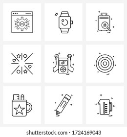 9 Interface Line Icon Set of modern symbols on music; wings; baggage; valentine's day; romantic Vector Illustration