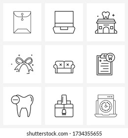 9 Interface Line Icon Set of modern symbols on armchair; gift; computer; tie; dentist Vector Illustration