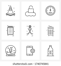 9 Interface Line Icon Set of modern symbols on games; text; car; document; diary Vector Illustration